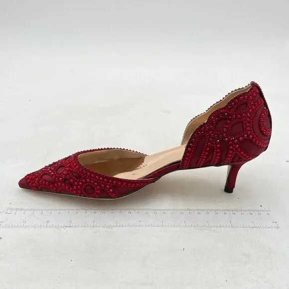 XYD Shoes Xyd Burgundy Pointed Toe Dorsay Low Heel Rhinestone